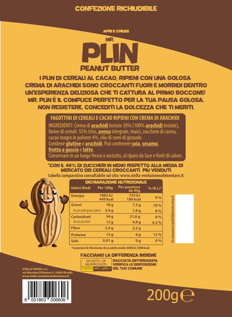 Mr Plin: Peanut Butter Stella – 200g Cereali al Cacao ripieni con 100% Crema di Arachidi,  con il 48% Zuccheri in Meno, 12% Proteine. - immagine 3