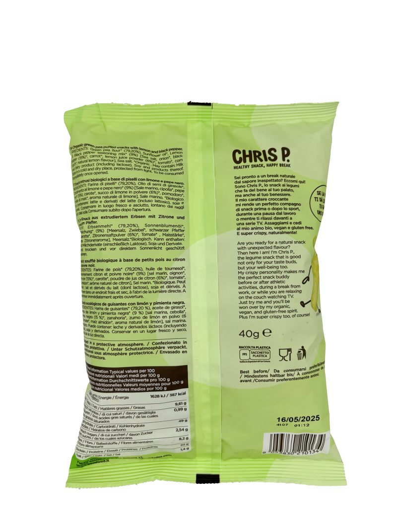 Foto Retri pacchetto Chris-P al Limone e Pepe Nero con ingredienti e tabelle nutrizionali